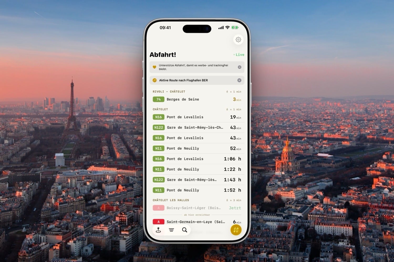 iPhone-Mockup von Abfahrt! vor einer Luftaufnahme von Paris