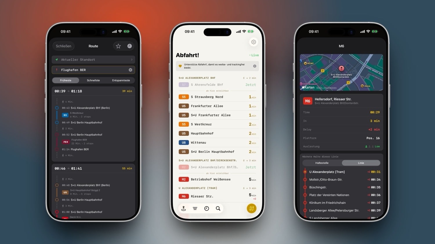 Drei iPhone-Ansichten von Abfahrt! in v3.0