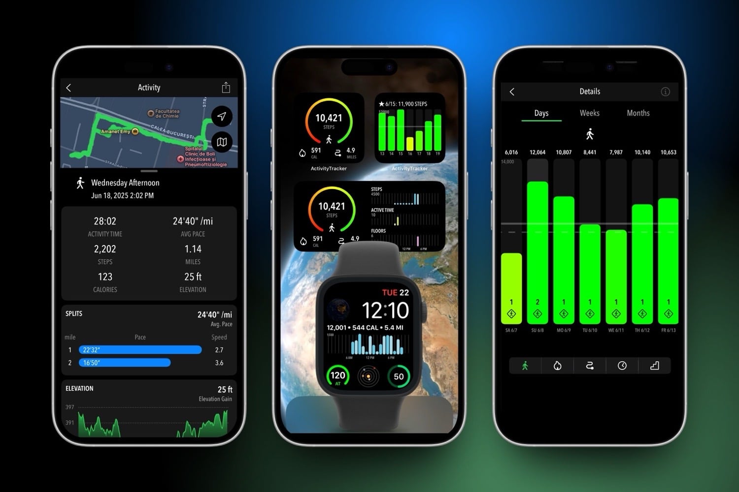 Drei iPhone-Screenshots von ActivityTracker