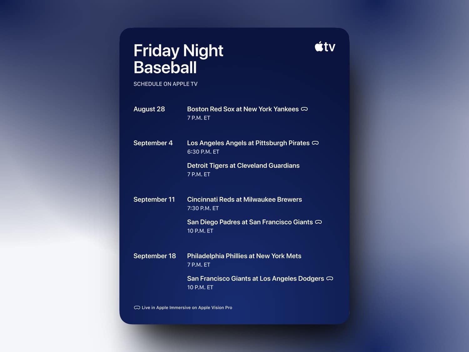 Liste mit Terminen von Friday Night Baseball ab August 2026