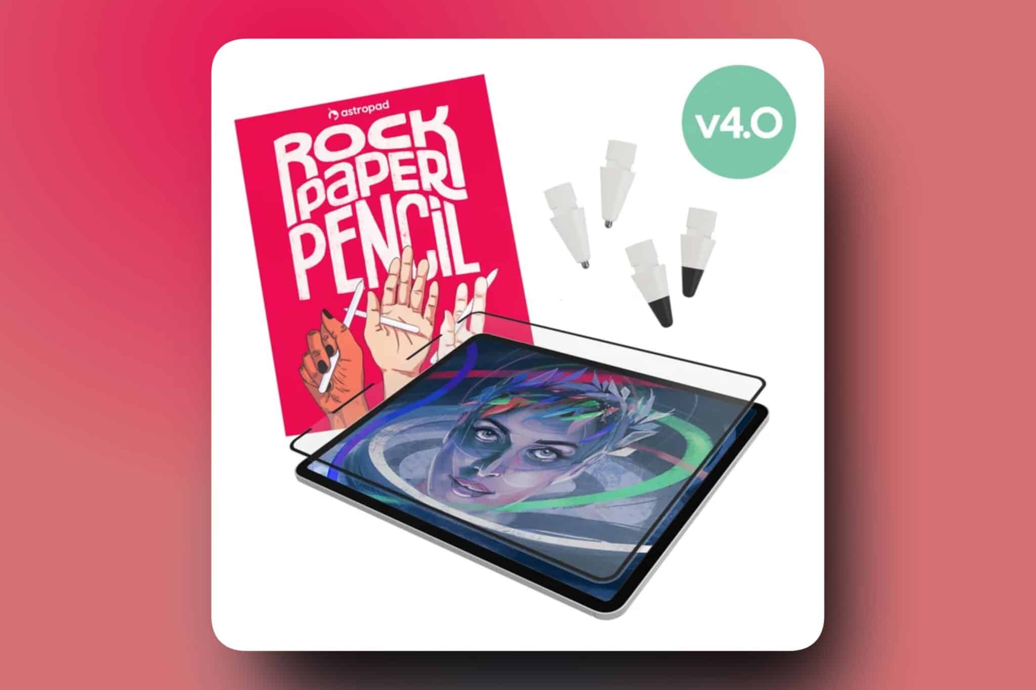 Astropad Rock Paper Pencil 4.0 inklusive vier Spitzen vor rotem Farbverlauf