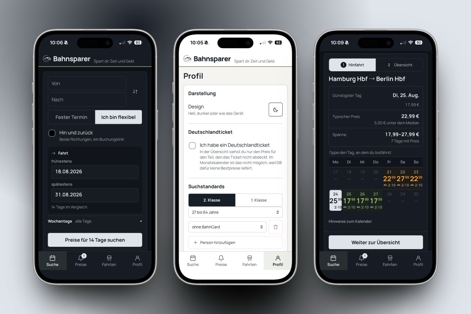 Drei iPhone-Screenshots von Bahnsparer