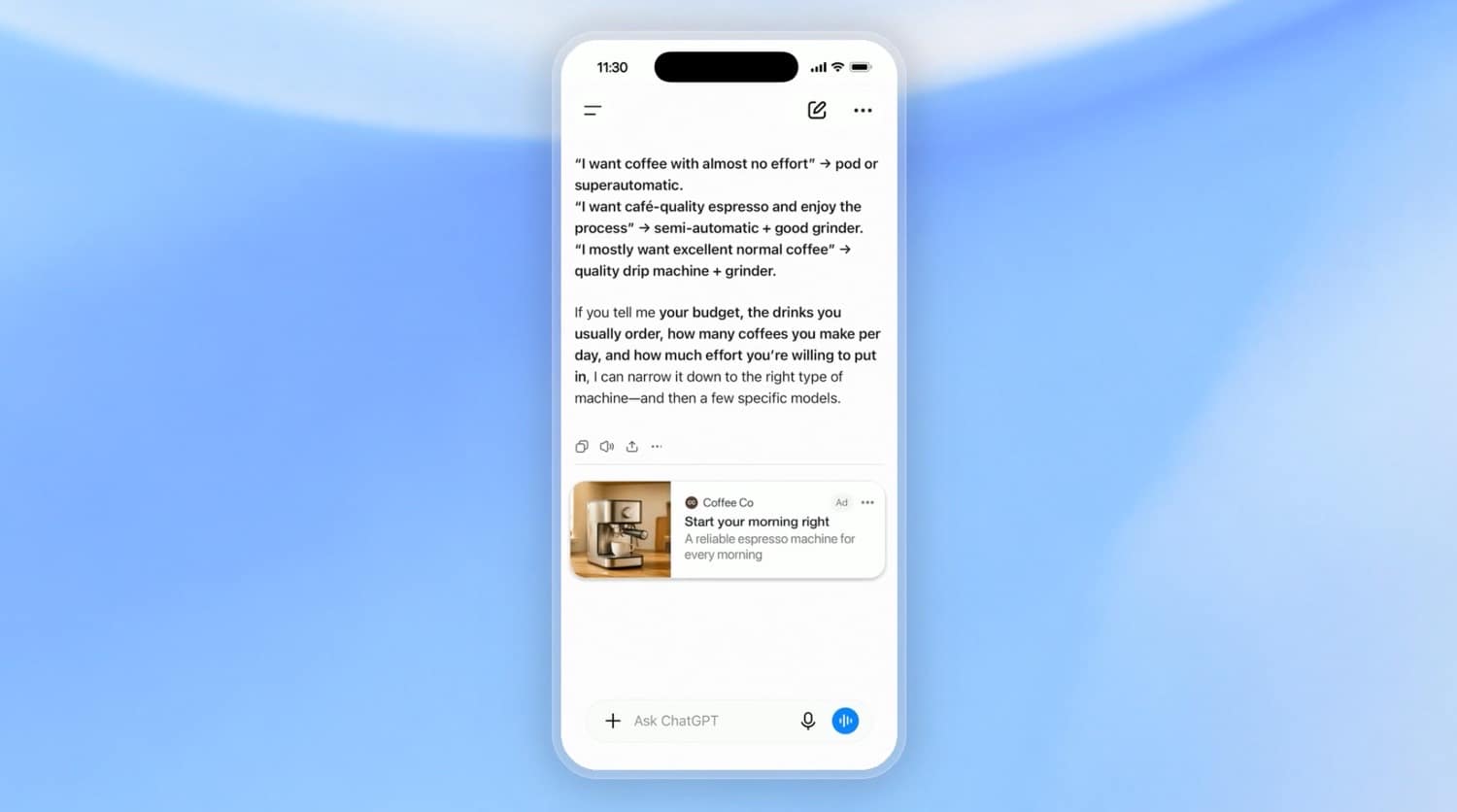 Smartphone-Ansicht zeigt ChatGPT mit Werbung