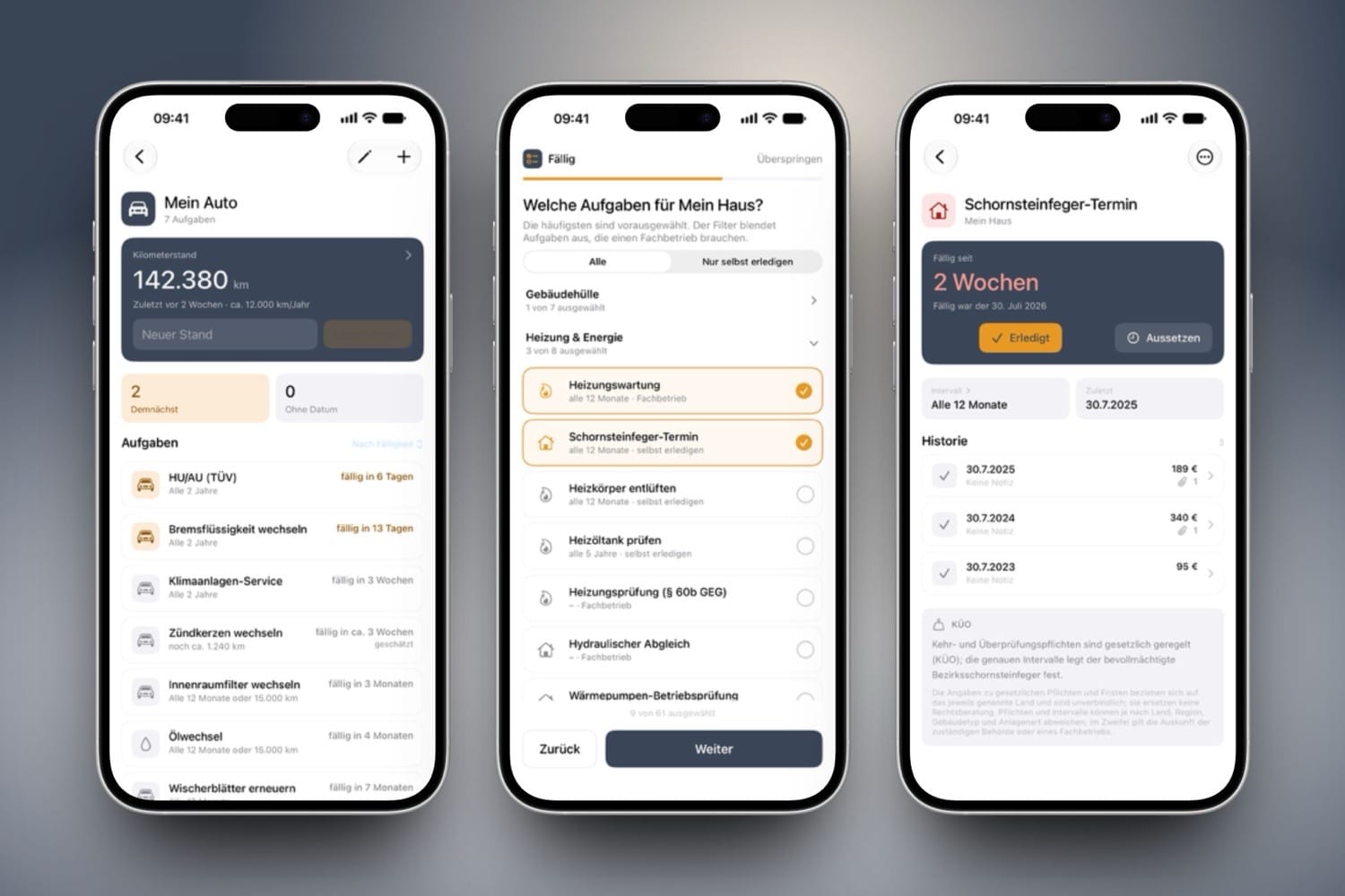 Drei iPhone-Screenshots von der iOS-App Fällig