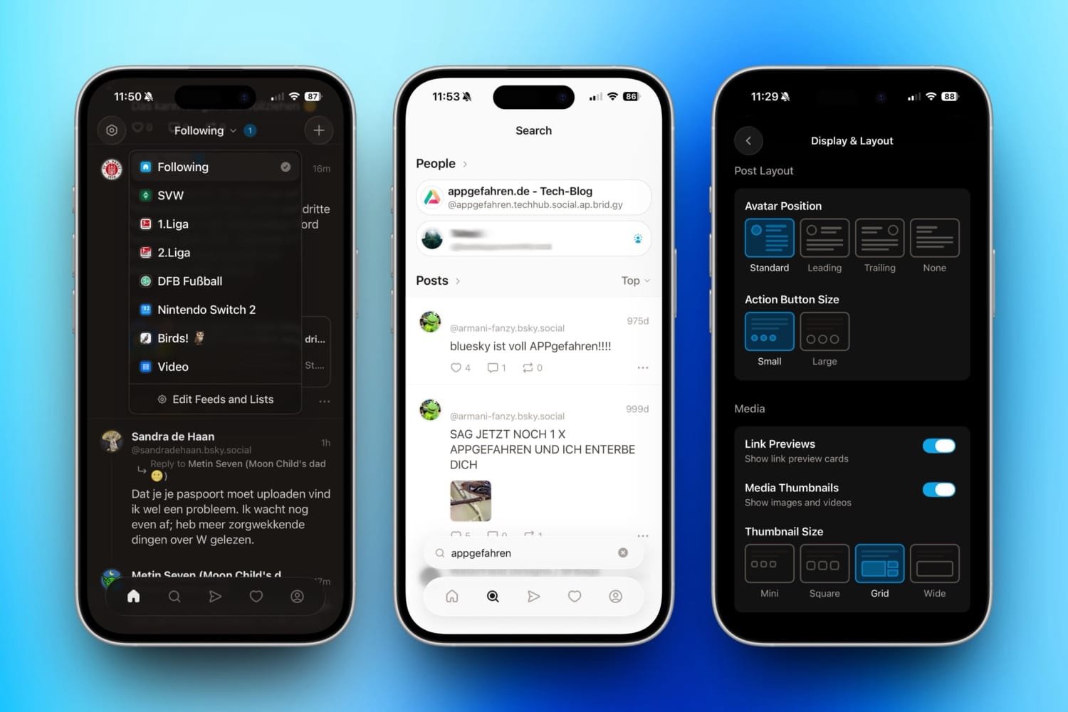 Drei iPhone-Screenshots von Flux for Bluesky