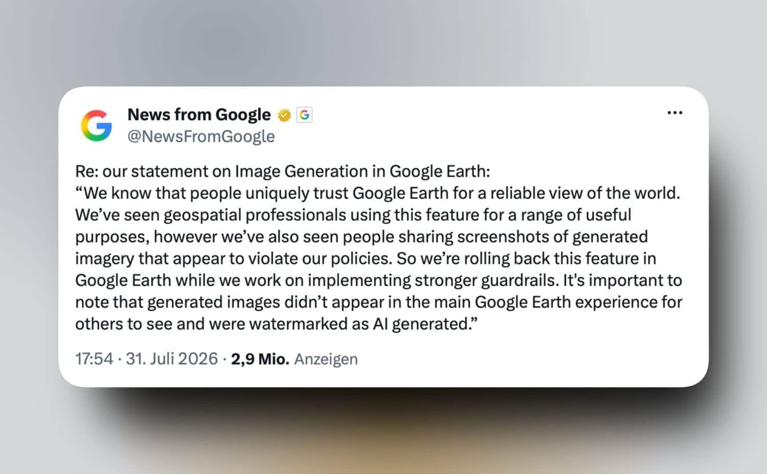 Stellungnahme von Google zum KI-Feature in Google Earth bei X