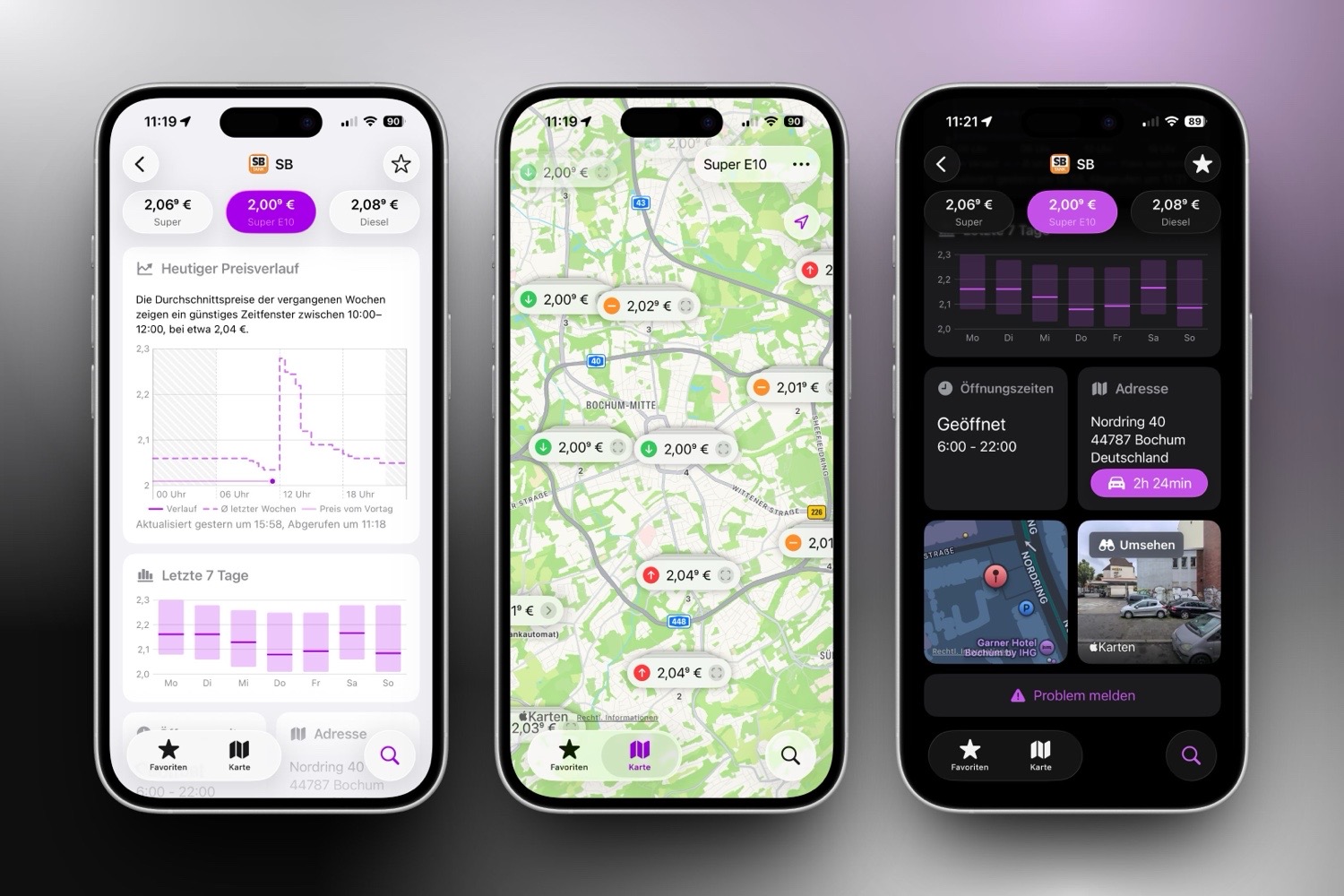 Drei iPhone-Screenshots von Heptan