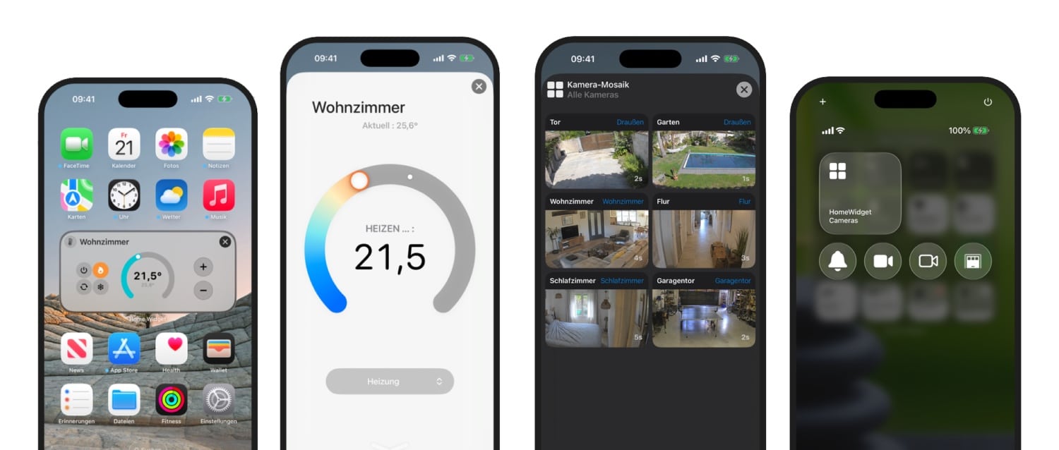 Vier iPhone-Ansichten von Home Widget für HomeKit in v1.10