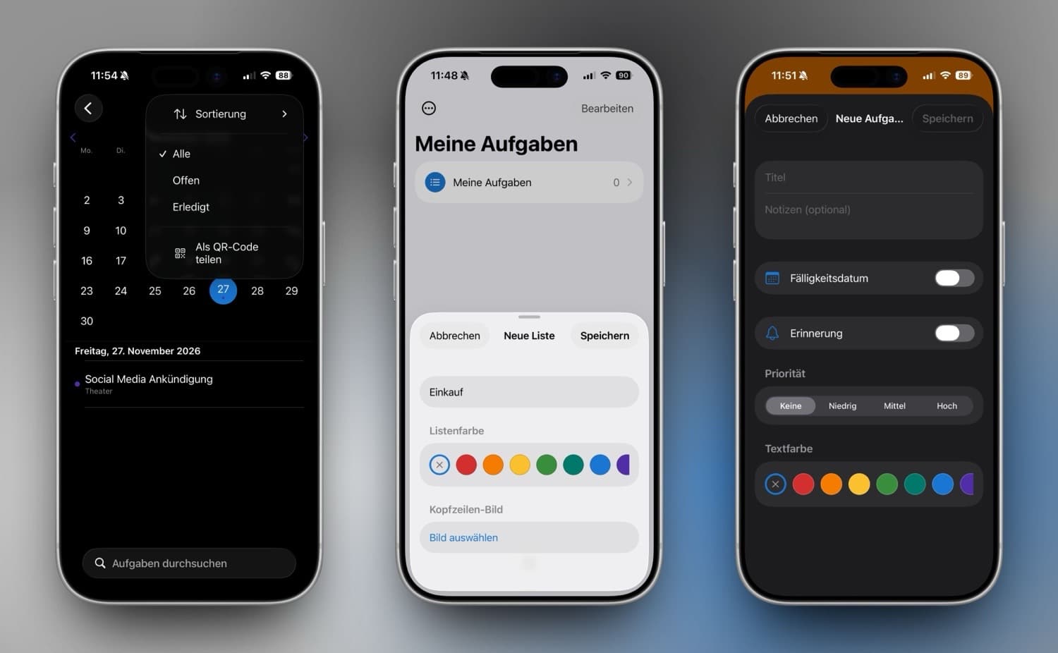 Drei iPhone-Screenshots von Meine Aufgaben