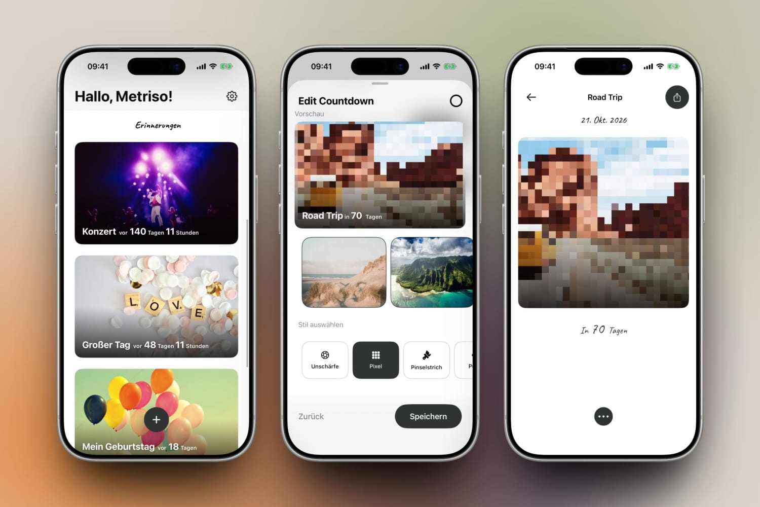 Drei iPhone-Screenshots von Metriso