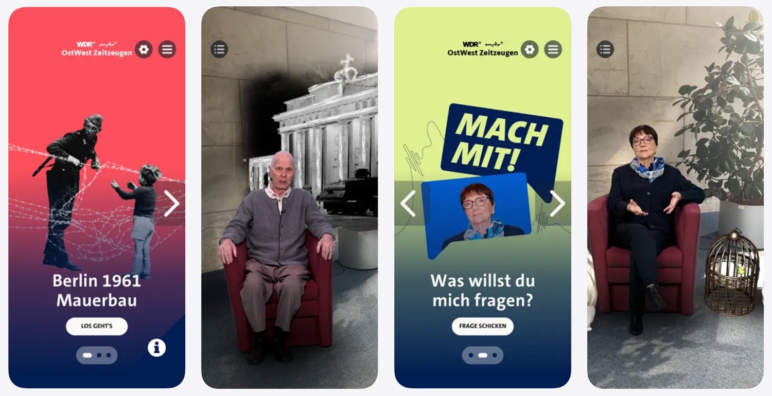 Vier iPhone-Screenshots von OstWest Zeitzeugen