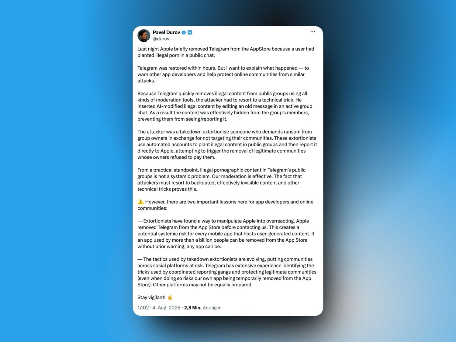Stellungnahme von Telegram-CEO Pavel Durov zum Erpressungsversuch