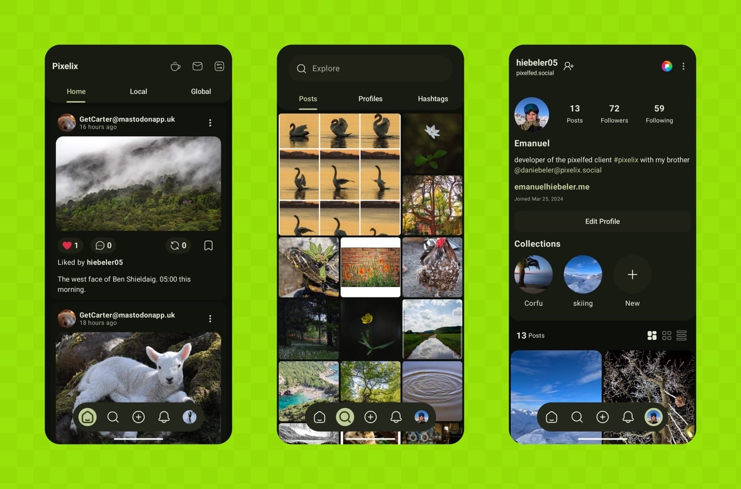 Drei iPhone-Screenshots von Pixelix