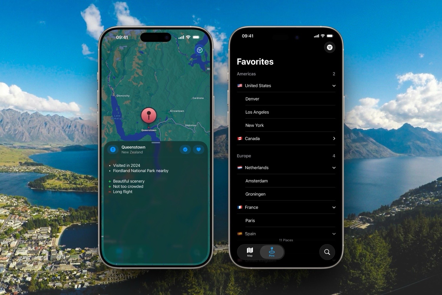 Zwei iPhone-Screenshots von Placemarks vor einer Ansicht von Queenstown in Neuseeland