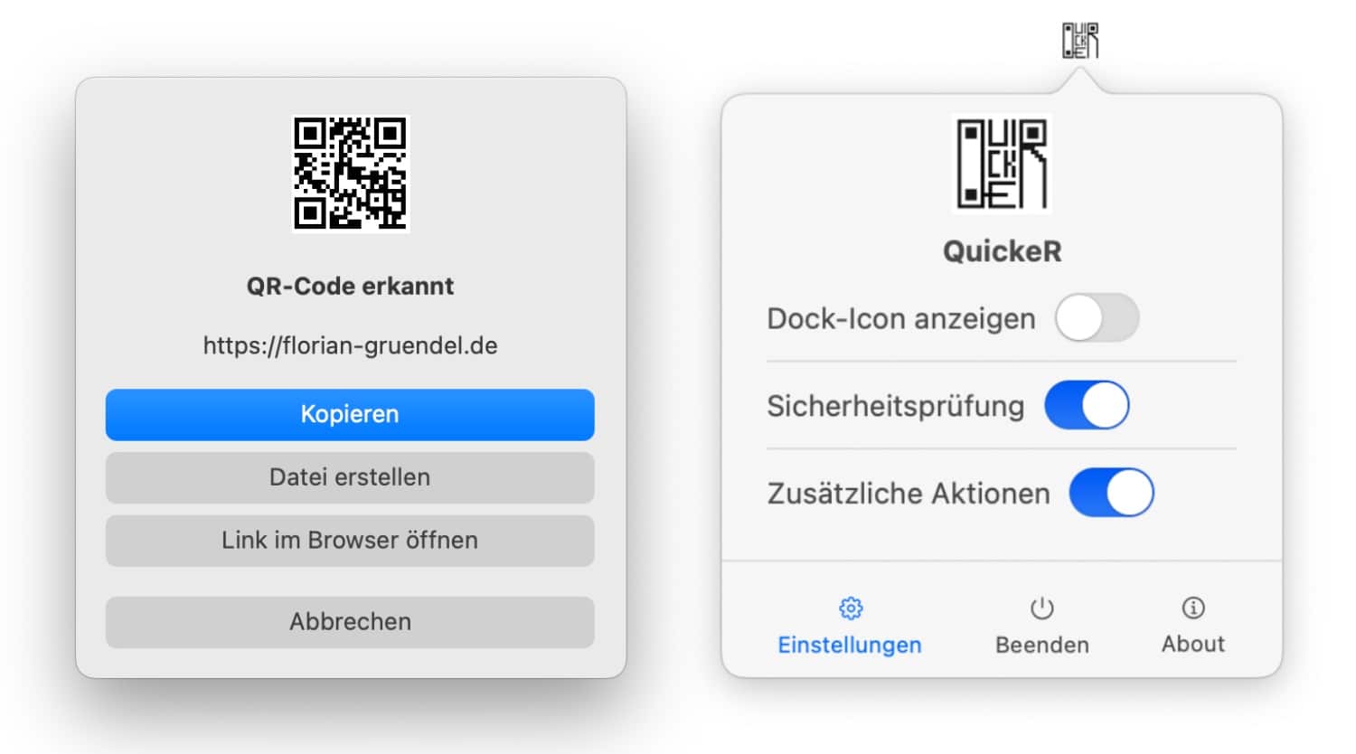 Zwei Screenshots der Mac-App QuickR