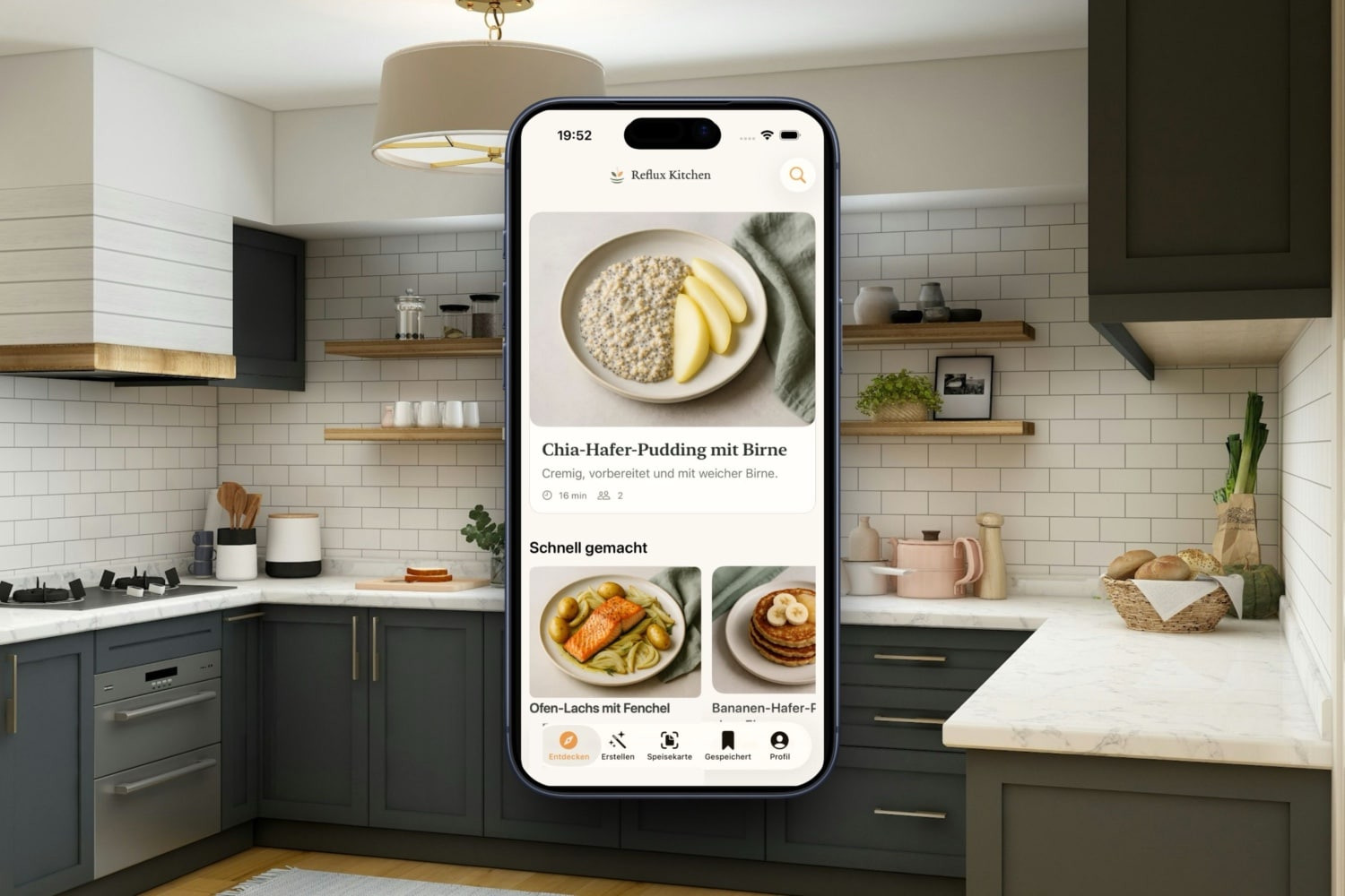 iPhone-Screenshot von Reflux Kitchen vor einer Küchenszene