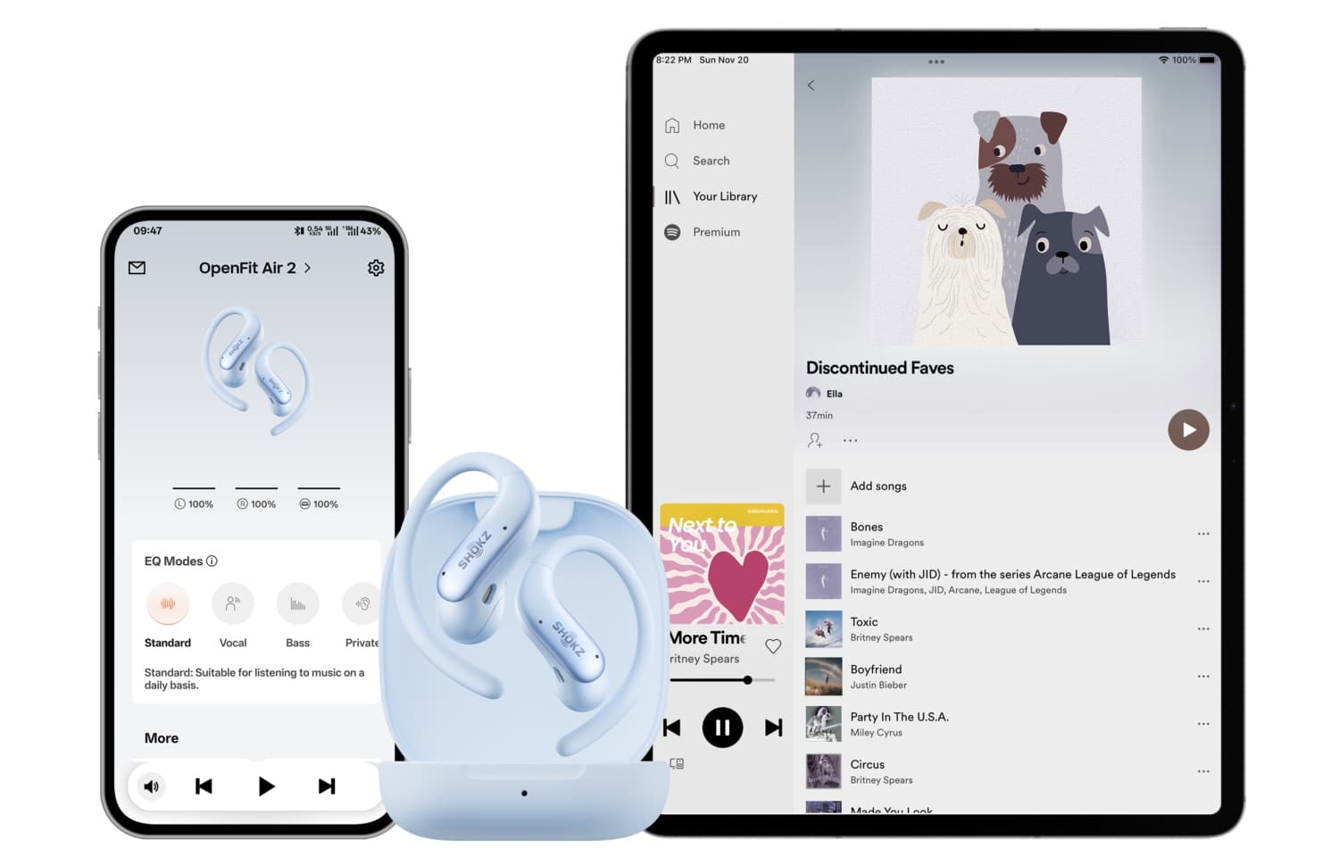 Shokz OpenFit Air 2 in Blau zusammen mit einem iPhone und iPad