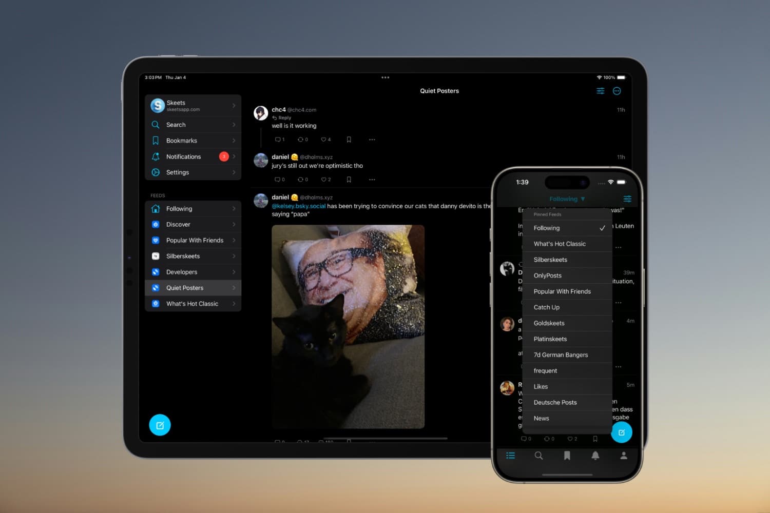 Ansichten von Skeets for Bluesky auf einem iPhone und iPad