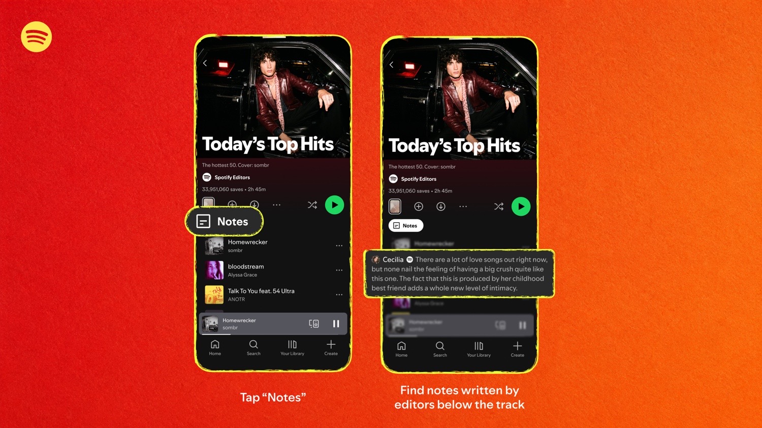 Zwei iPhone-Screenshots zu Spotify Playlist Notes-Funktion