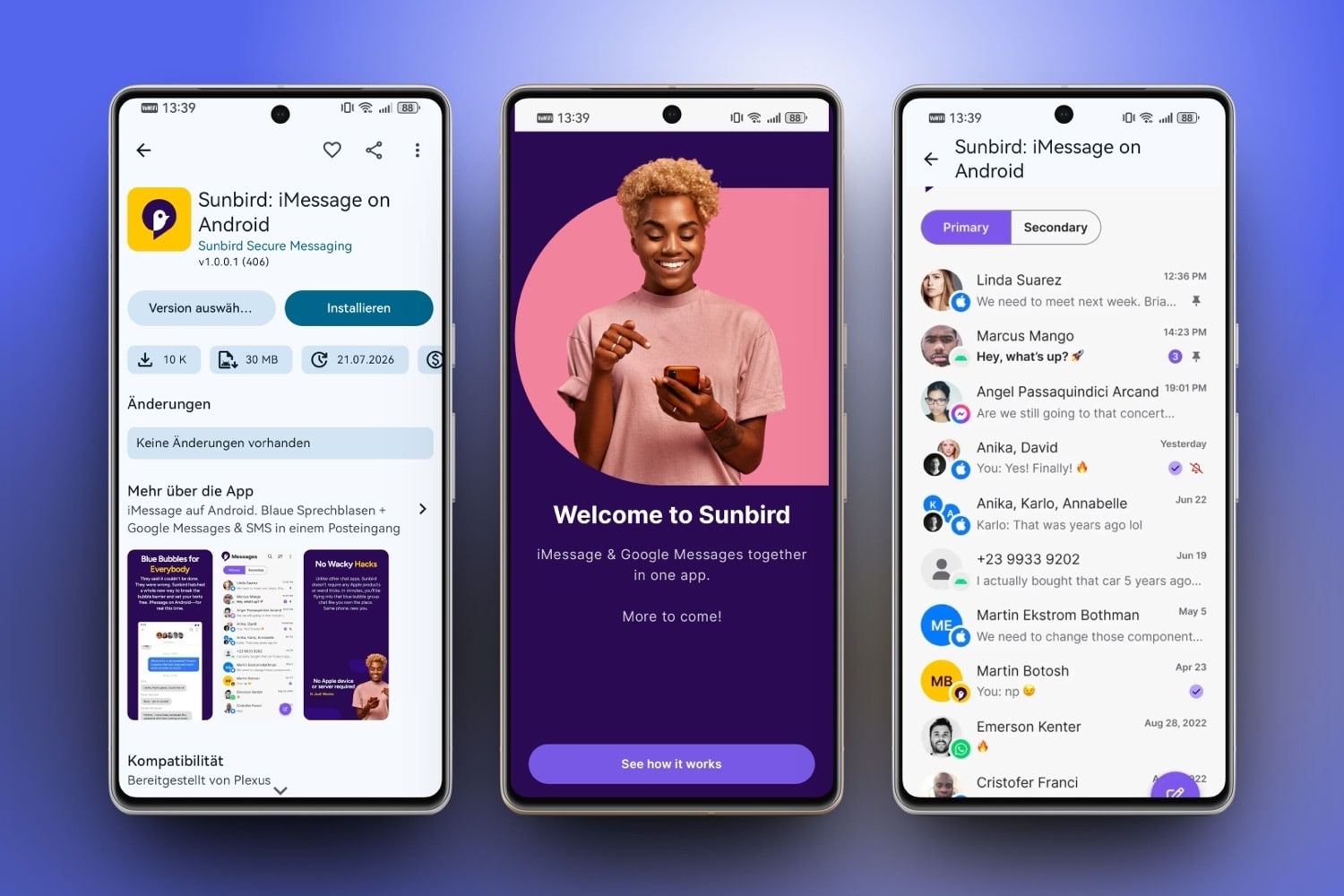 Drei Android-Screenshots der Sunbird-App im Google Play Store