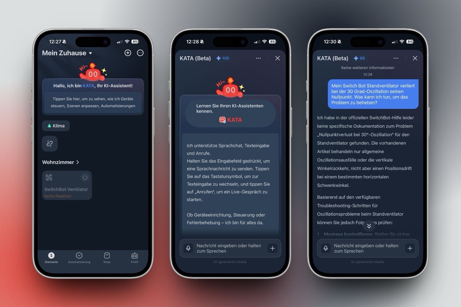 Drei iPhone-Screenshots der SwitchBot-App mit Features der KI kata