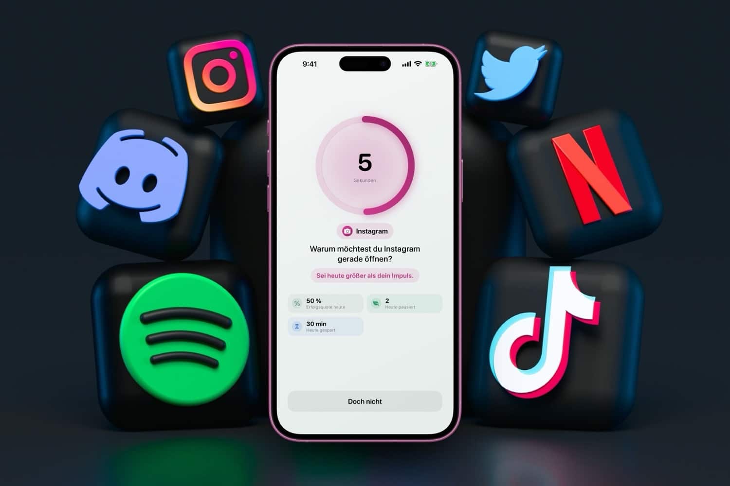 Think First auf einem iPhone vor Social Media-Icons