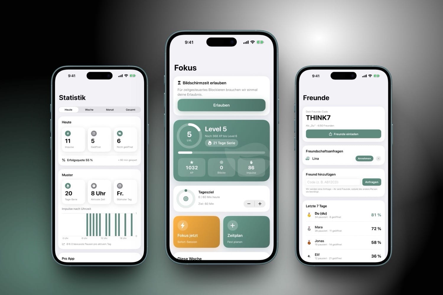 Drei iPhone-Screenshots von Think First