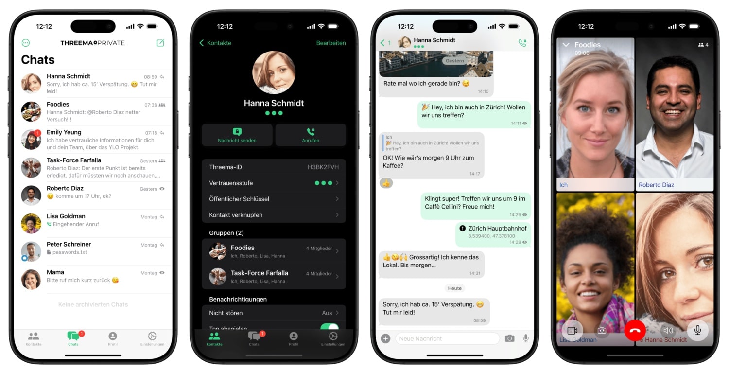 Vier iPhone-Screenshots von Threema