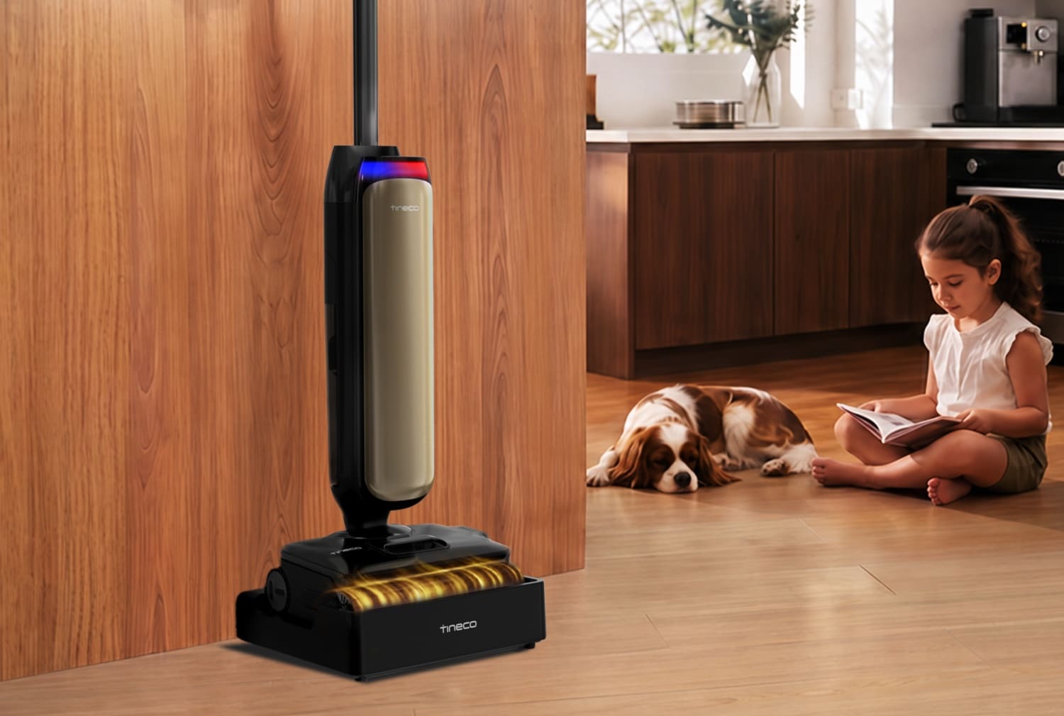 Tineco Floor One S9 Artist Boost Steam steht in Dockingstation in einem Wohnraum