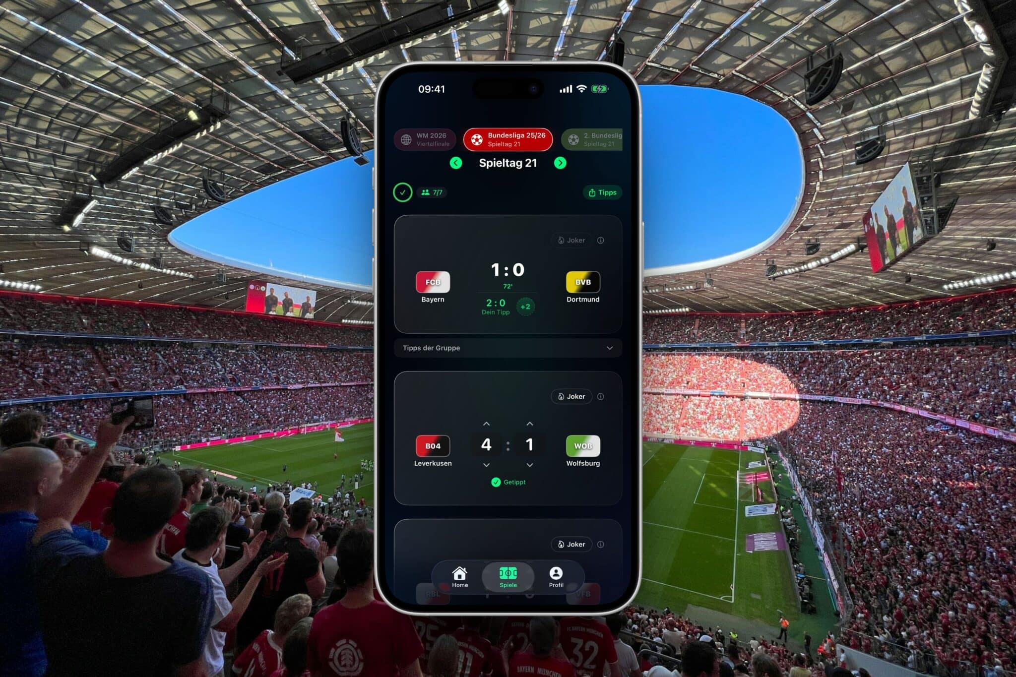 iPhone-Screenshot von Tippr vor einer Stadionkulisse