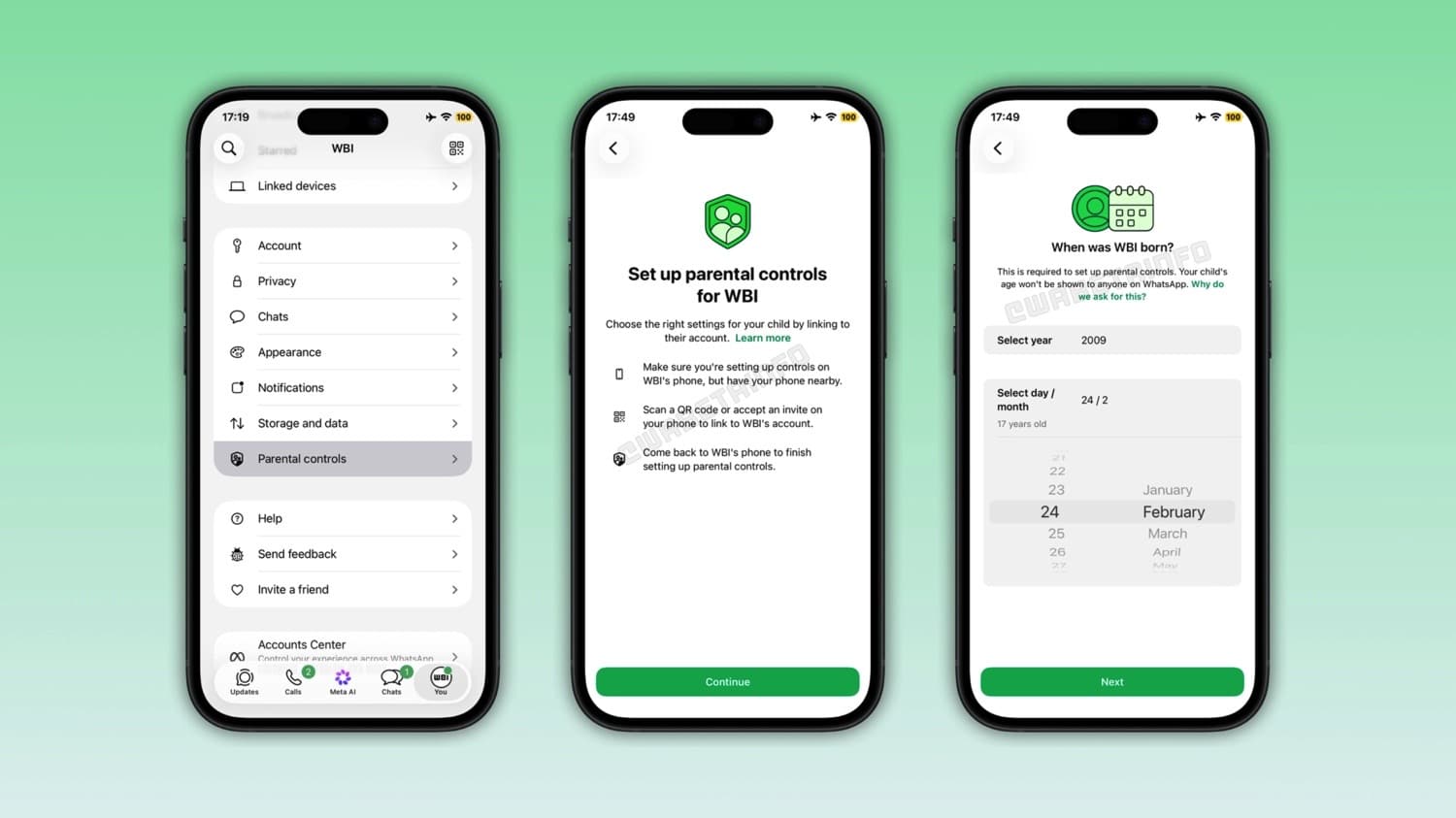 Drei iPhone-Screenshots zur Kindersicherung in WhatsApp