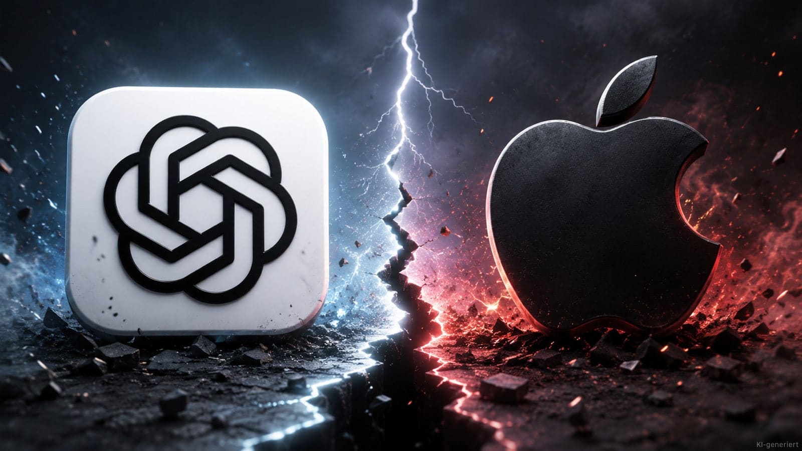 Zwei Icons von OpenAI und Apple mit einer Kluft dazwischen