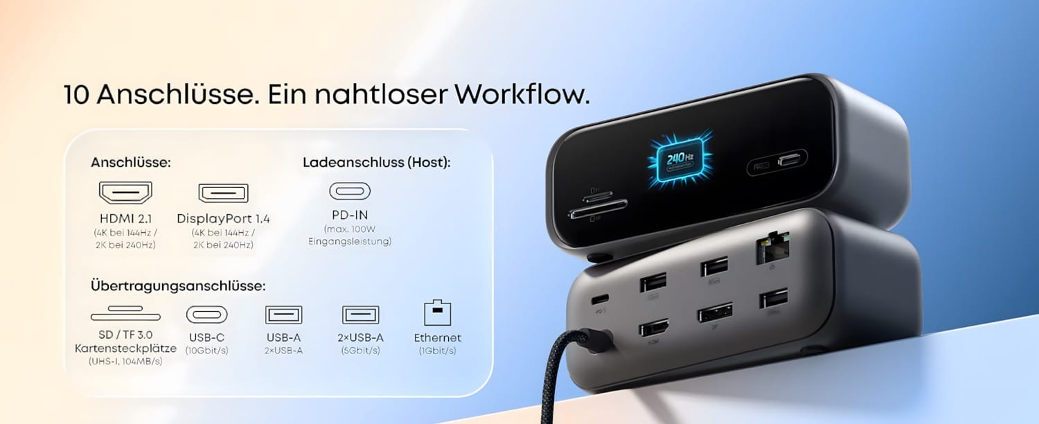 Die Anschlüsse des Anker Nano Hub mit Smart Display