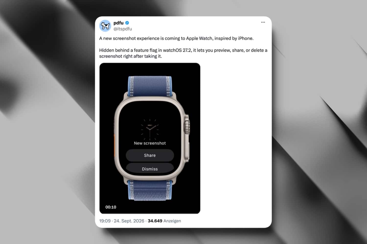 X-Beitrag zur Screenshot-Funktion auf der Apple Watch