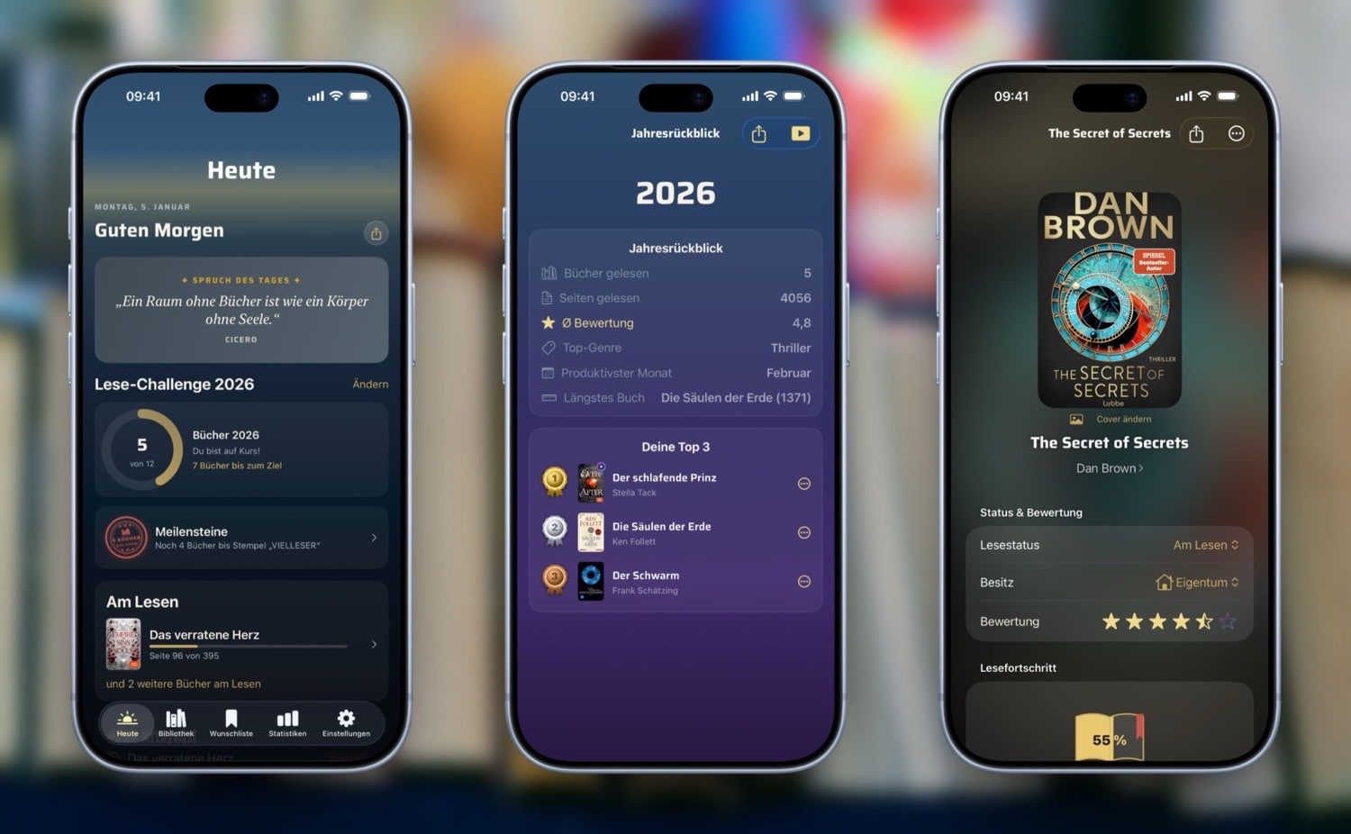 Drei iPhone-Screenshots von BookSafe