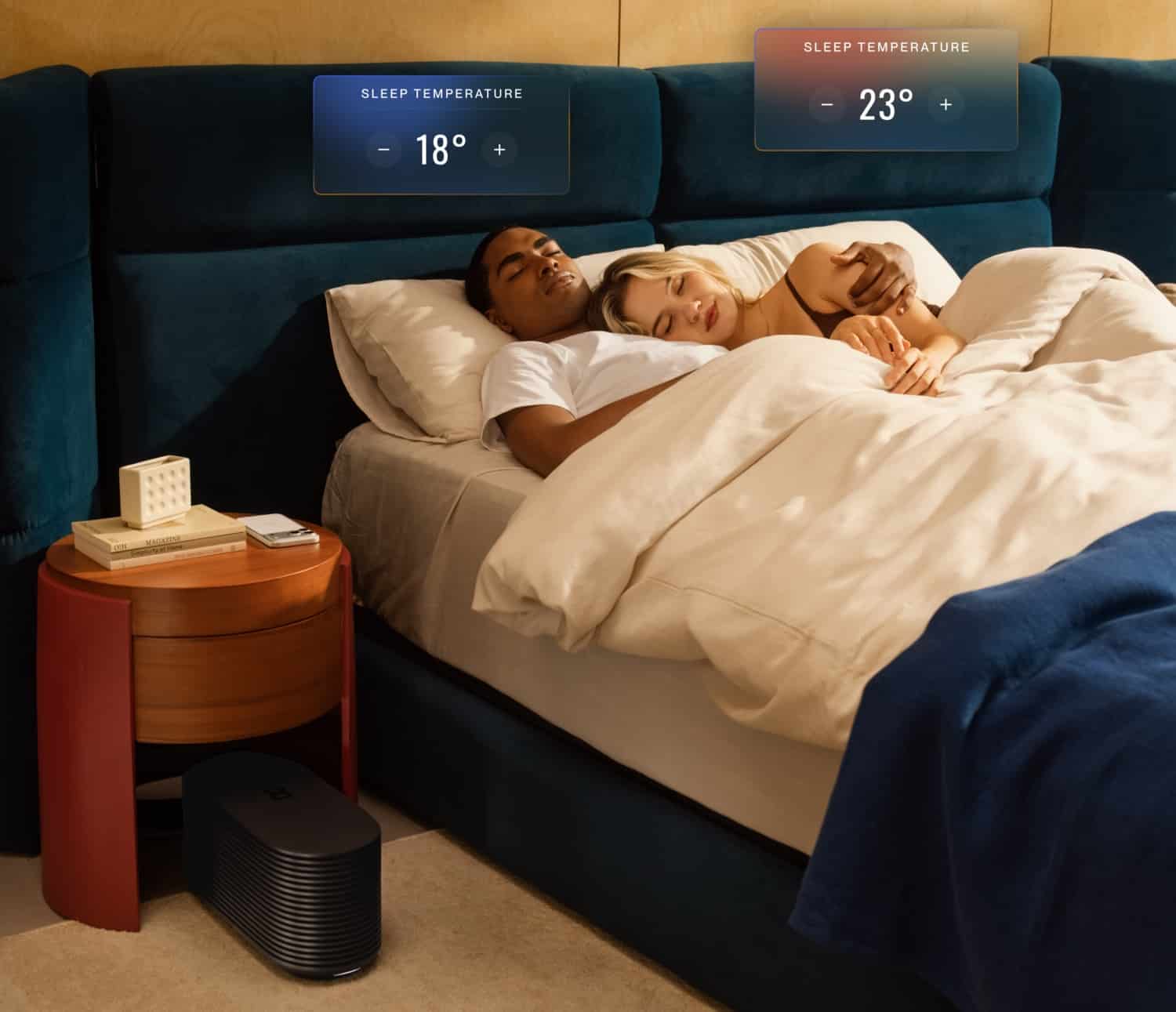 Eight Sleep Pod 6 in einem Doppelbett mit Temperatur-Overlays