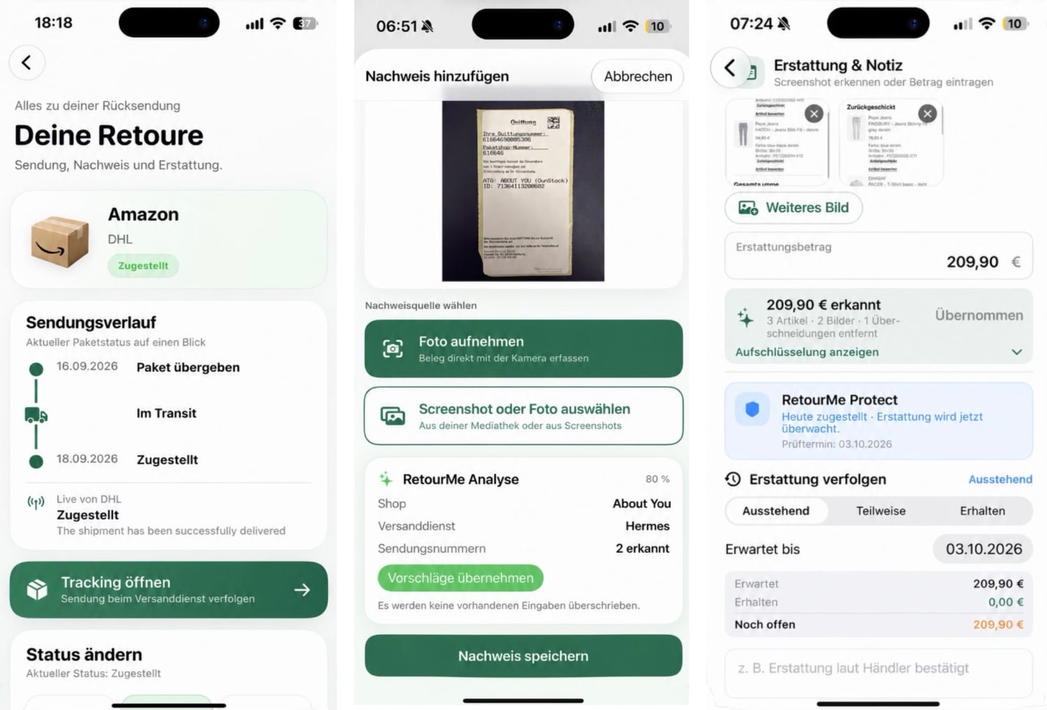 Drei iPhone-Screenshots von RetourMe