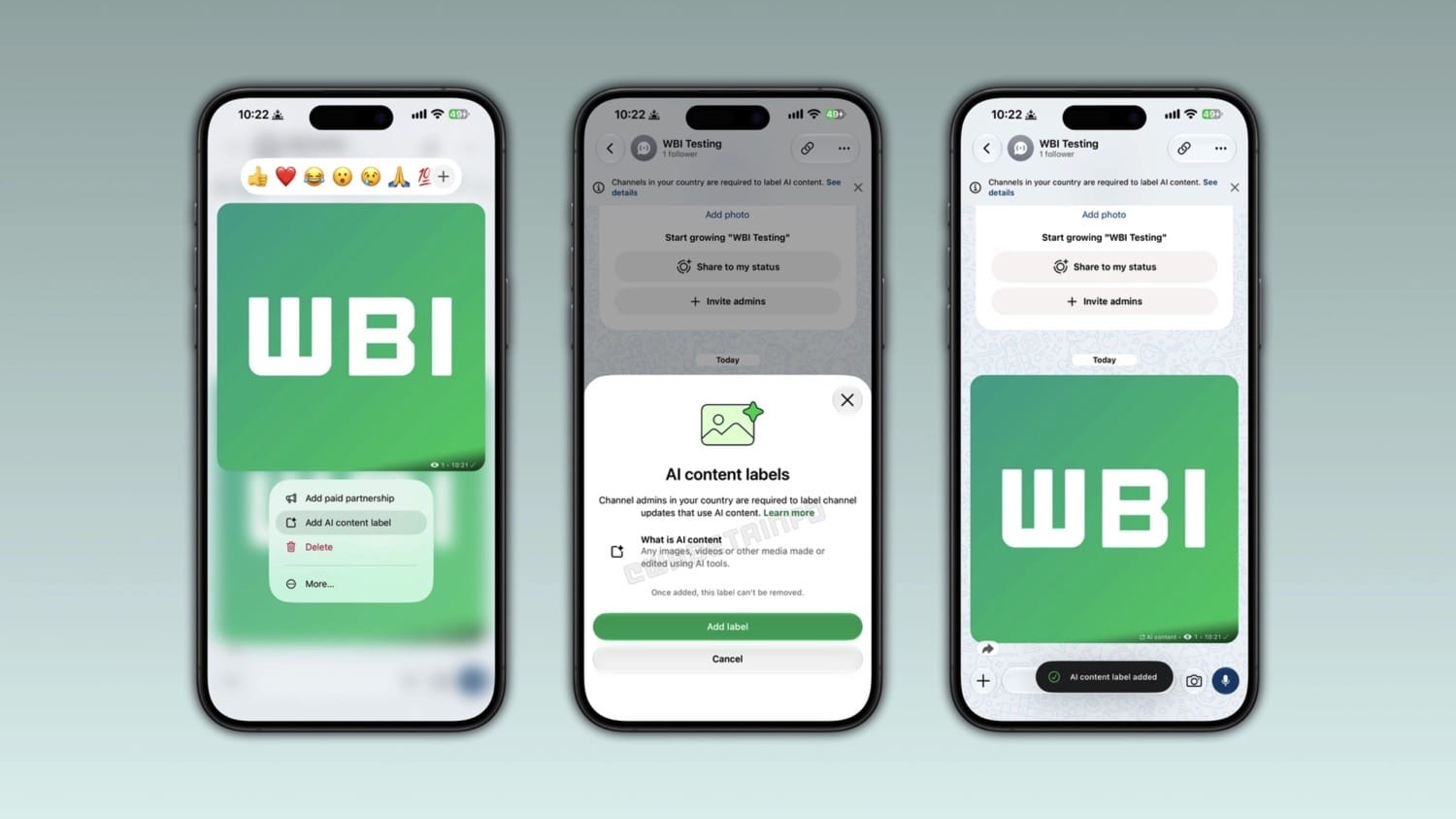 Drei iPhone-Screenshots von WhatsApp zur Kennzeichnung von KI-Inhalten