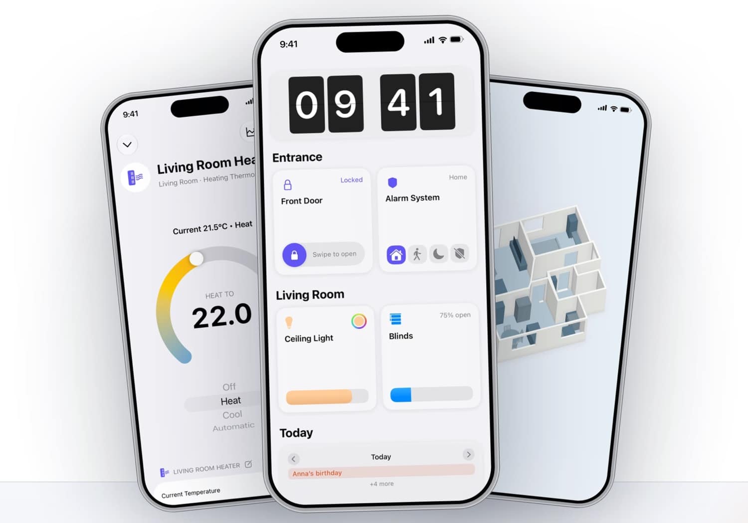 Drei iPhone-Ansichten von Controller für HomeKit