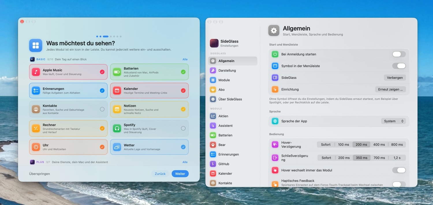 Einstellungen von SideGlass auf einem Mac