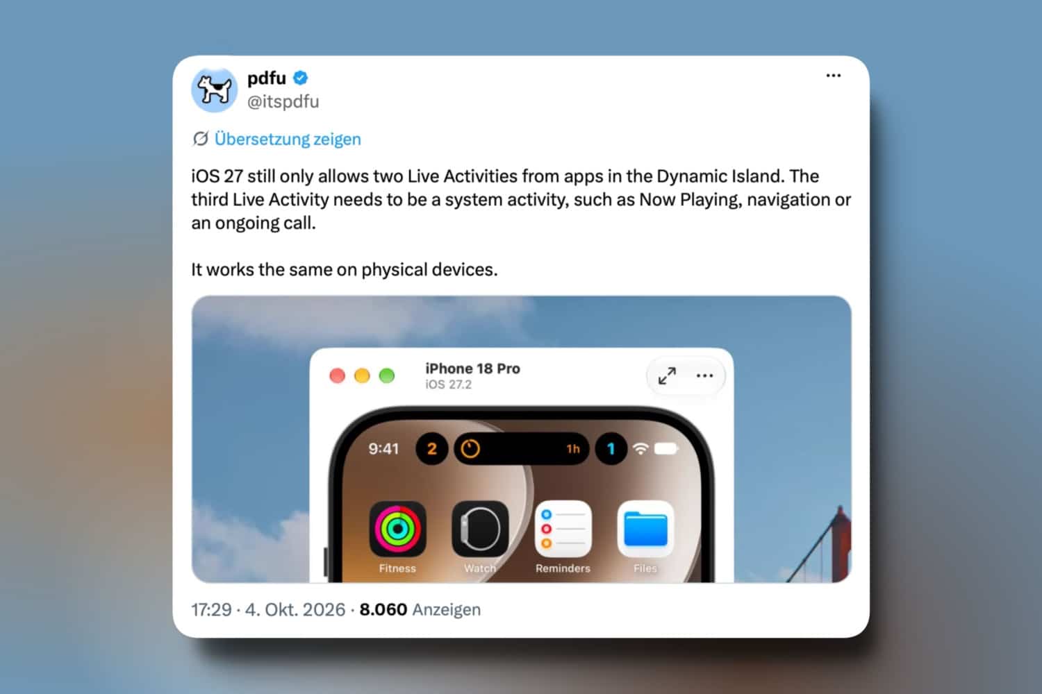 Tweet von pdfu bei X zu Live-Aktivitäten des iPhone 18 Pro